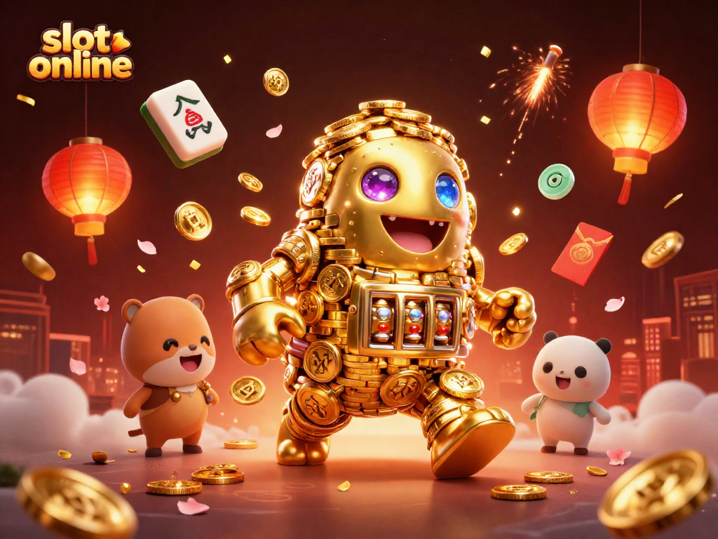 Experience the thrill of slot online gaming in this vibrant 3D scene filled with lucky symbols and energetic elements.