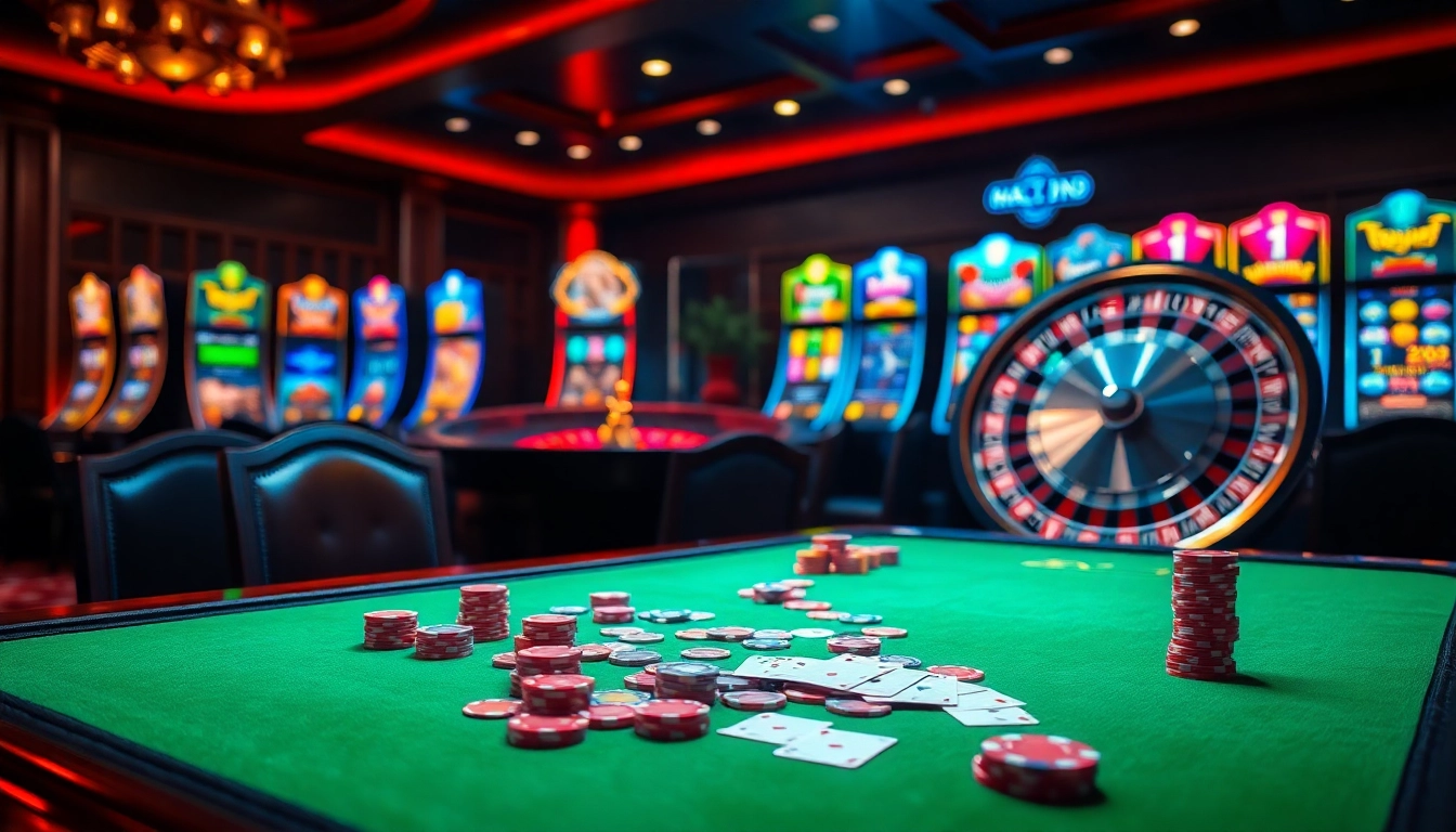 Scène engageante de casino en ligne 2026 montrant une table luxueuse avec des jetons de poker et des machines à sous.
