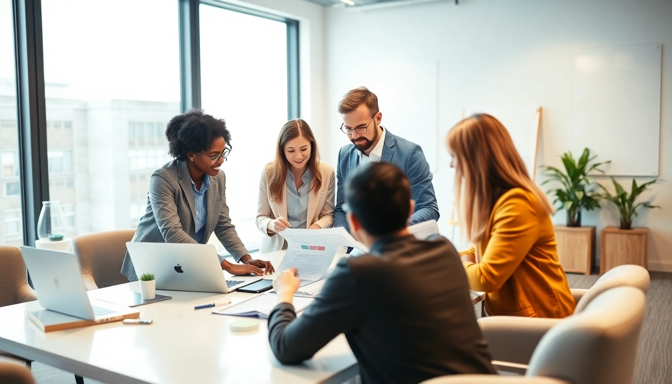 Visual representation of Proposal Writing and Management illustrating a diverse team collaborating in a modern workspace.