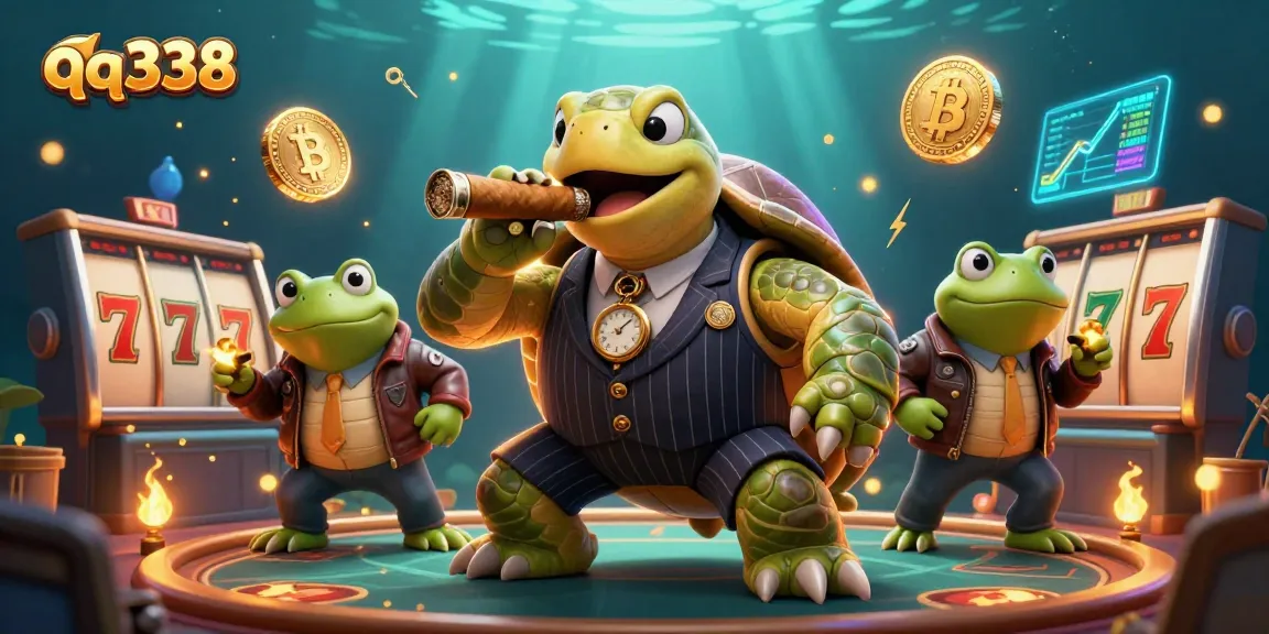 Join the qq338 adventure with a snapping turtle and bullfrogs amid slot games and cryptocurrency!