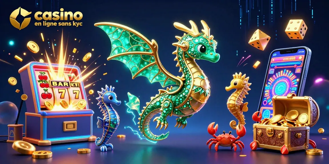 Profitez d'une aventure ludique au casino en ligne sans KYC avec un dragon marin et un coffre au trésor.