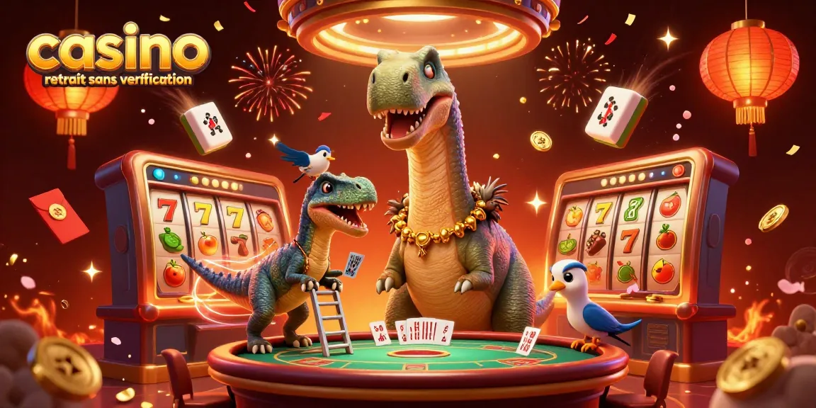 Dans cette illustration, découvrez le casino retrait sans vérification où un brontosaurus domine un poker avec des éléments de jeux captivants.
