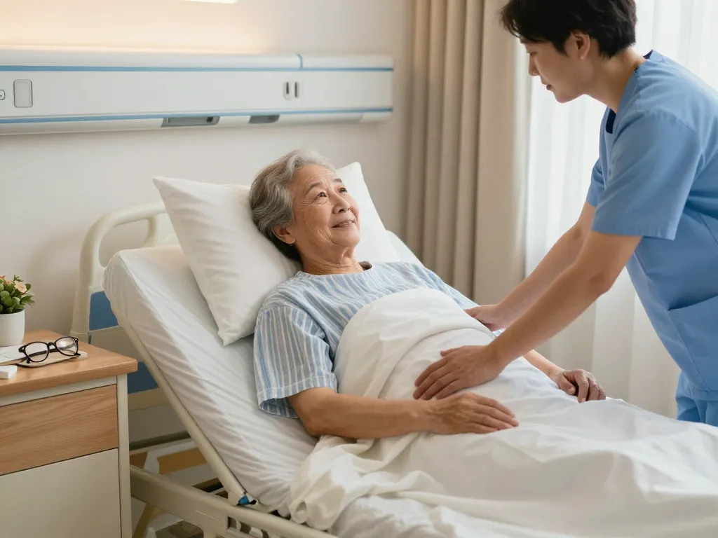 A caring scene with a giường bệnh nhân facilitating patient comfort and caregiver support in a gentle hospital environment.