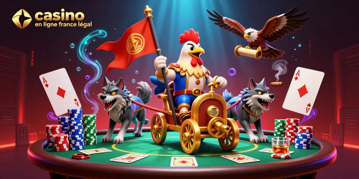 Illustration dynamique représentant un casino en ligne france légal avec un roi coq sur un char doré et des éléments de poker.