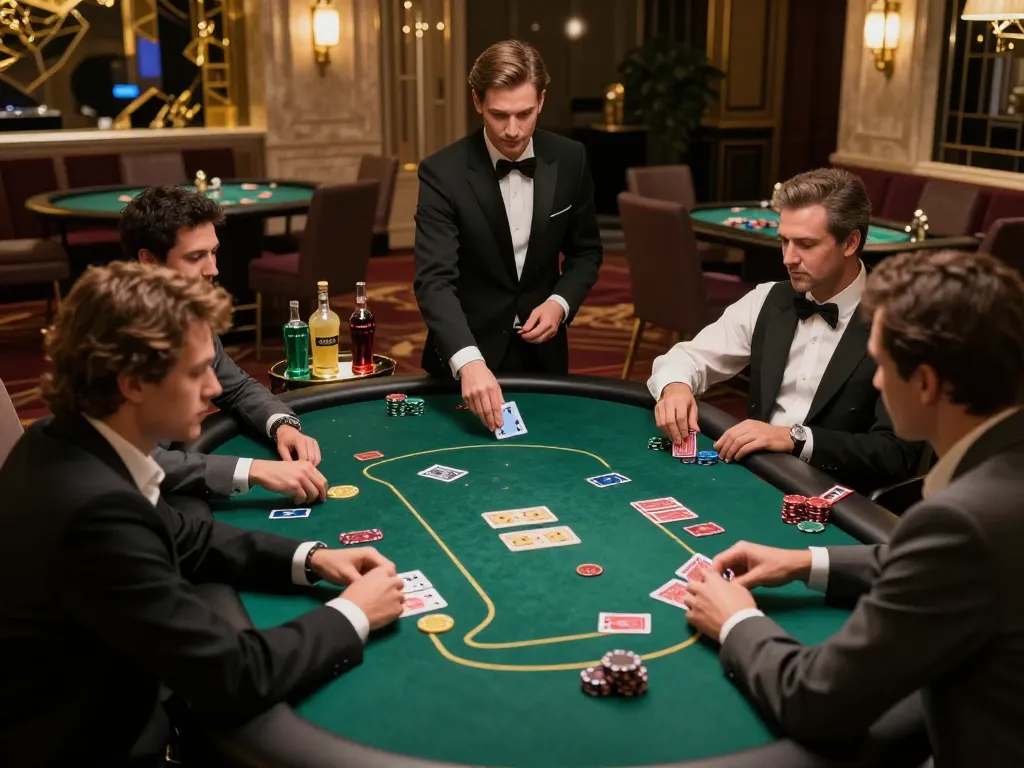 Tg88 VIP players engaged in a high-stakes poker game at an upscale casino, showcasing luxury and excitement.