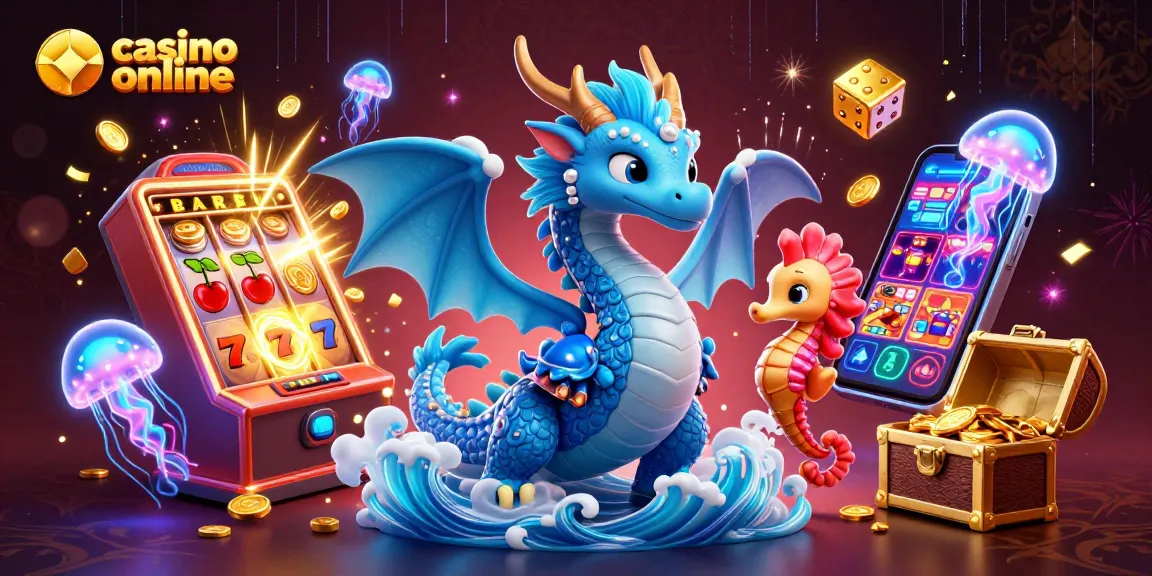 Machine à sous en ligne captivante avec un dragon aquatique, un chevalier hippocampe et des champignons lumineux dans un paysage de casino en ligne.