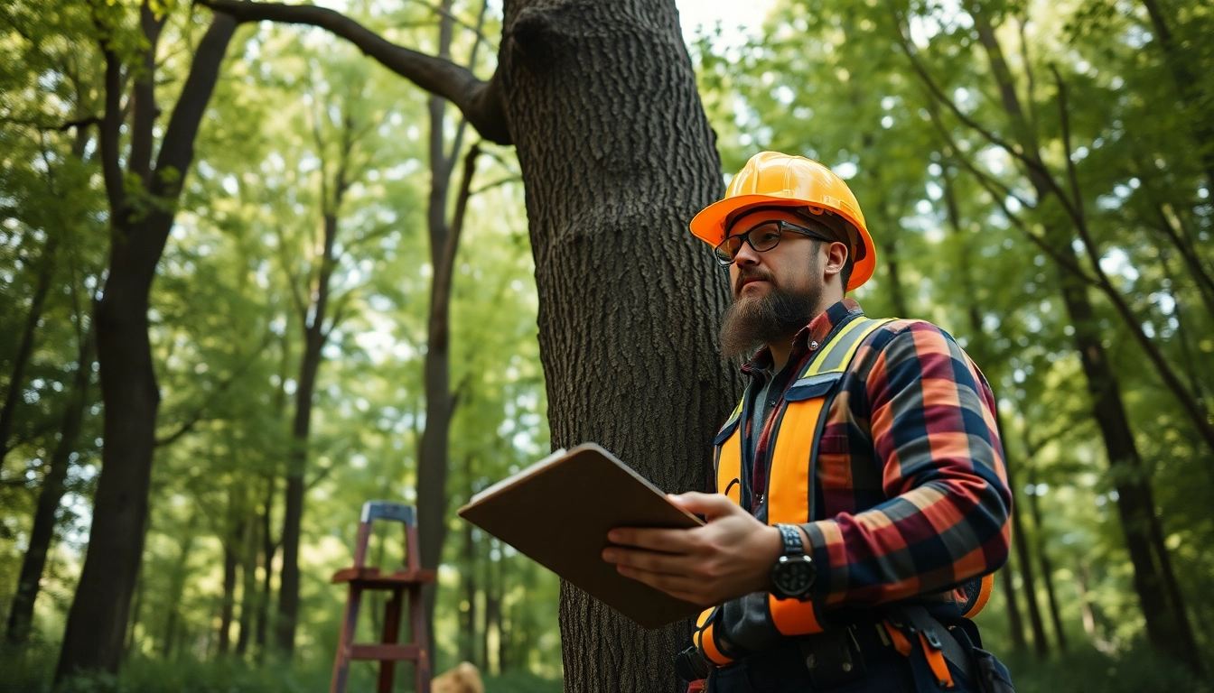 Black Mountain Tree Consultancy expert inspecting a tree in a tranquil forest setting.