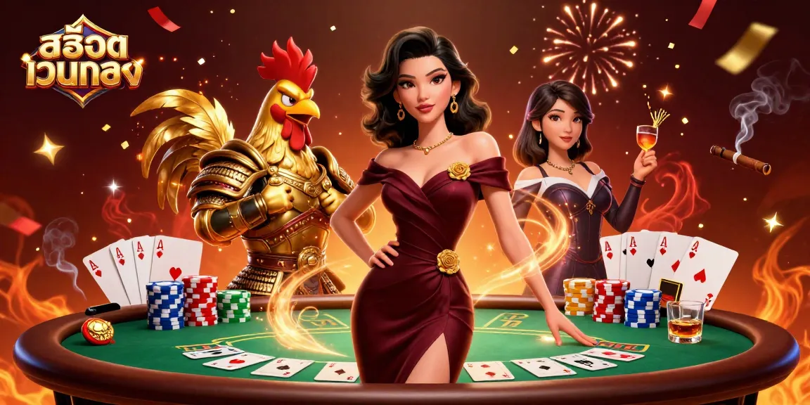 Experience thrilling สล็อตเว็บตรง action with a glamorous lady and a golden warrior amidst a rich casino scene.