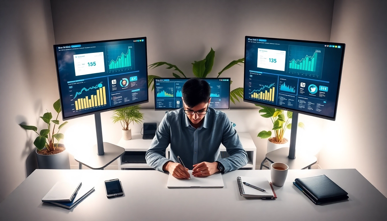 Engage with effective smm services showcased by a digital marketer in a modern workspace.