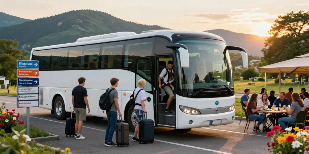 Autocarul Chișinău Europa la un popas scenic în Europa, pasageri îmbarcându-se.