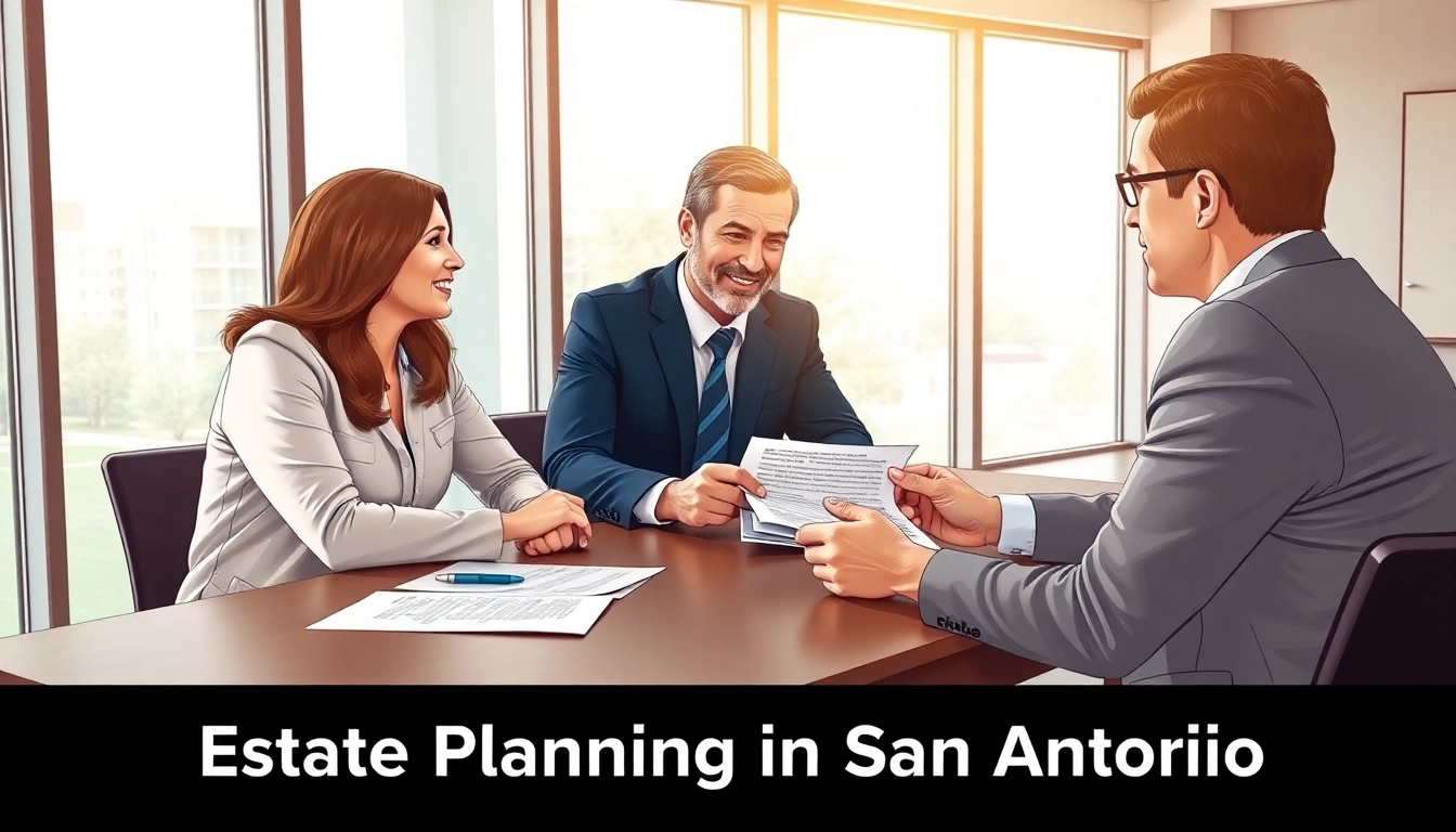 Engaged couple discussing estate planning San Antonio with financial advisor in an inviting office.