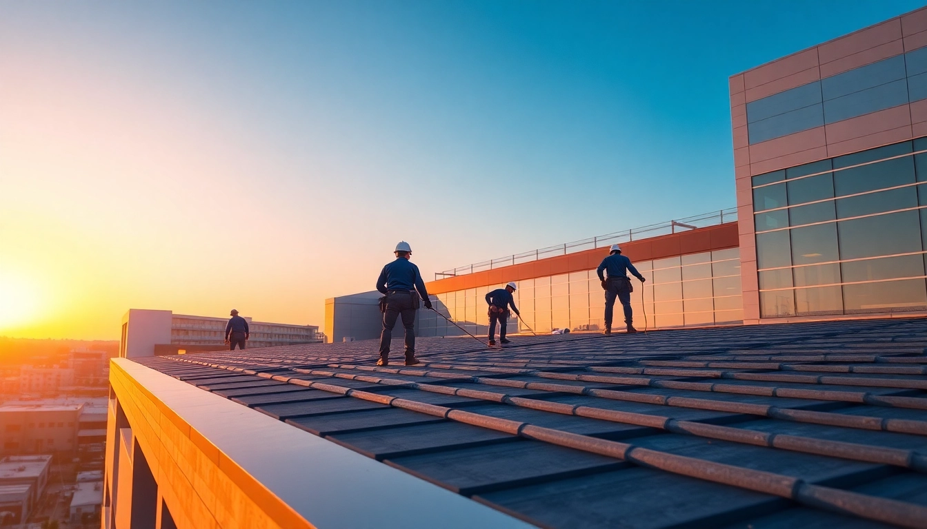 Skilled professionals completing commercial roofing services on an upscale building at dusk.