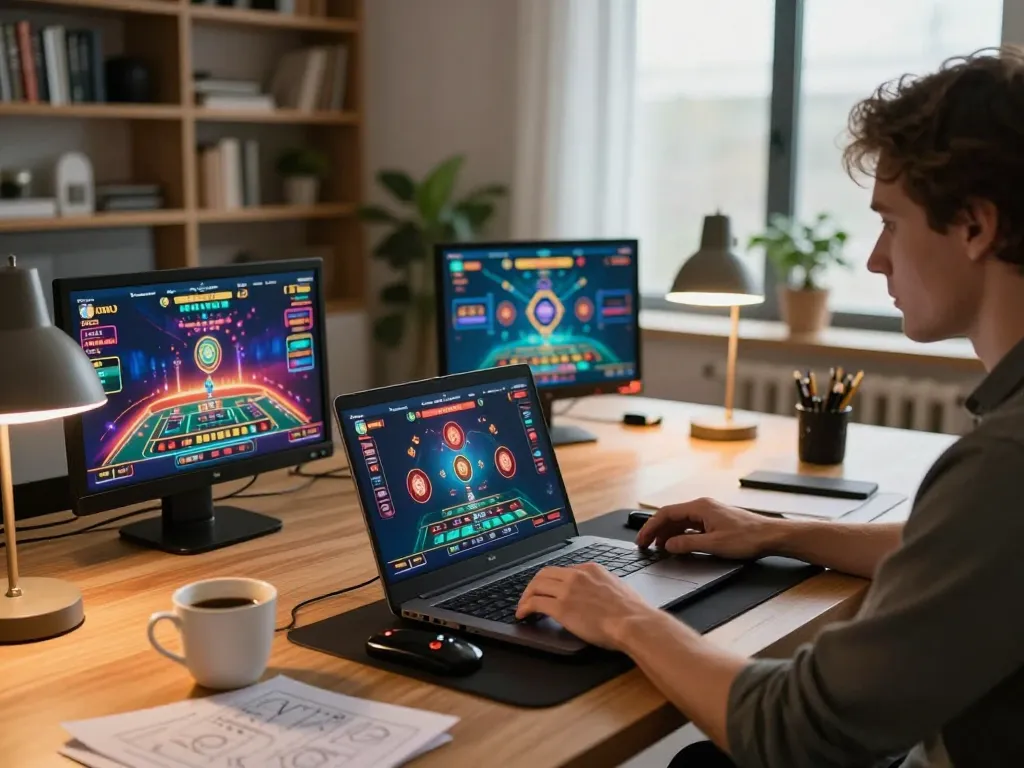 Engaging with sunwinapk on a laptop at home, focusing on responsible online casino gaming