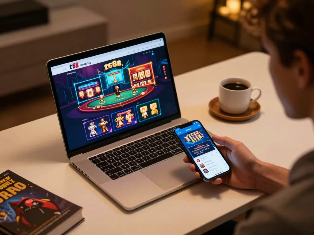 Player engaging with the tt88 trang chủ casino app on smartphone during a cozy gaming session.