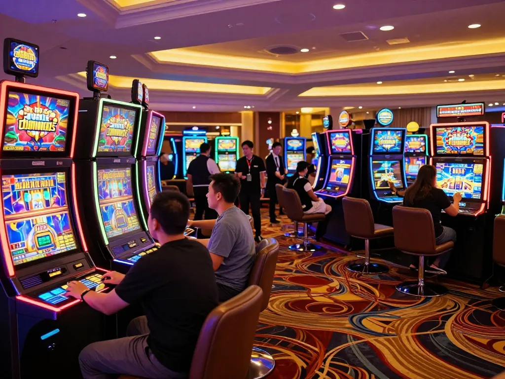 Players enjoy engaging slot machines in a vibrant casino atmosphere while competing for jackpots in slot thailand.
