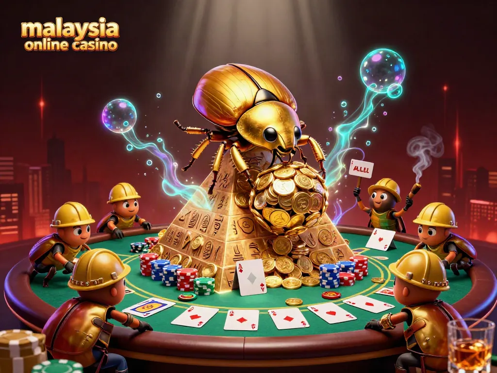 Engaging scene depicting malaysia online casino action with golden beetles, poker elements, and dynamic casino atmosphere.