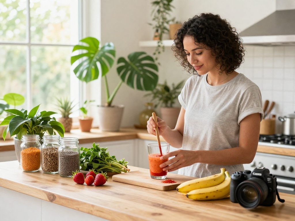 Individual preparing a smoothie with natural astaxanthin in a bright kitchen.