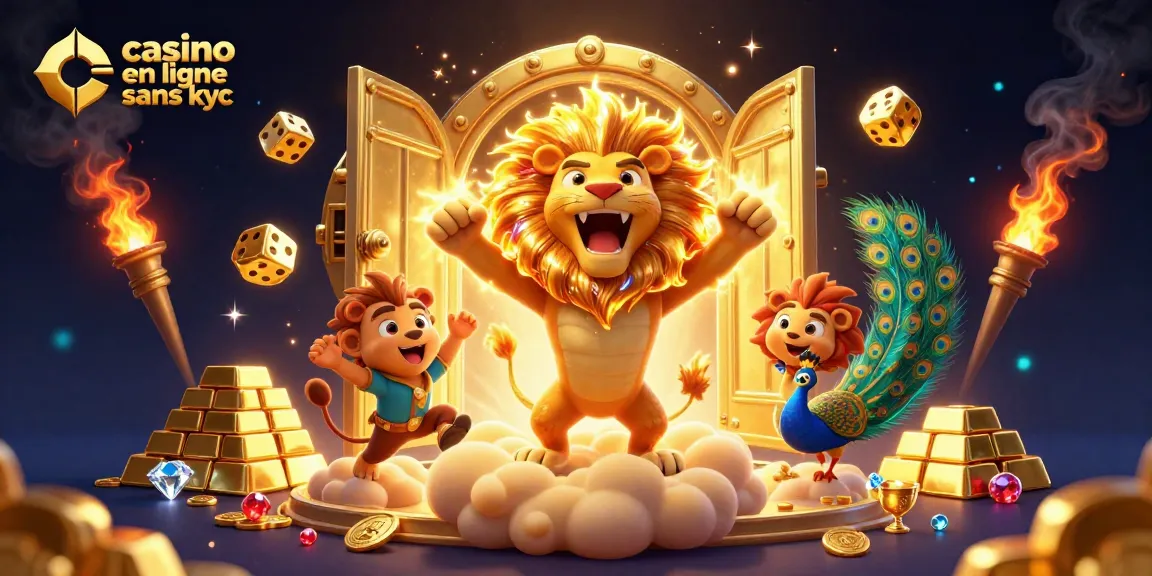 Profitez de l'énergie du casino en ligne sans KYC avec ce lion solaire et des trésors éclatants.