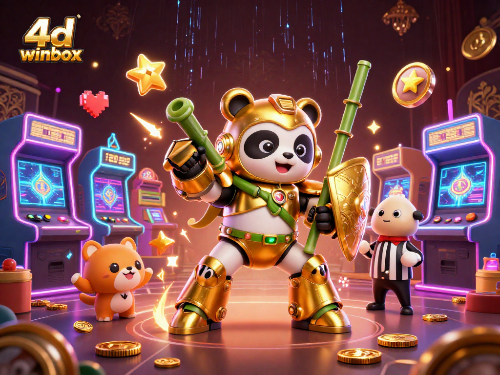 Engage with the vibrant 4d winbox gaming arena, featuring a panda in mech suit battling in a packed crowd.