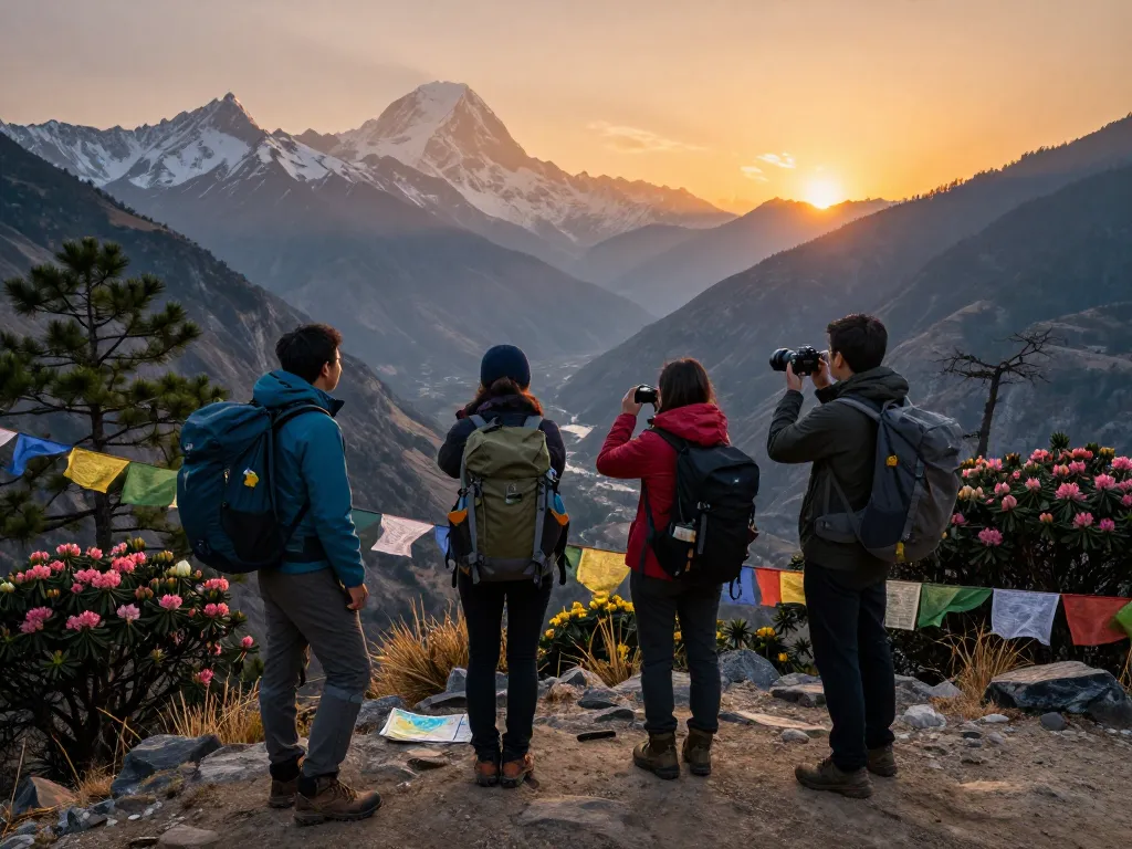 Annapurna Circuit travelers enjoying breathtaking views at sunset while trekking in the Himalayas, capturing the essence of adventure and exploration.
