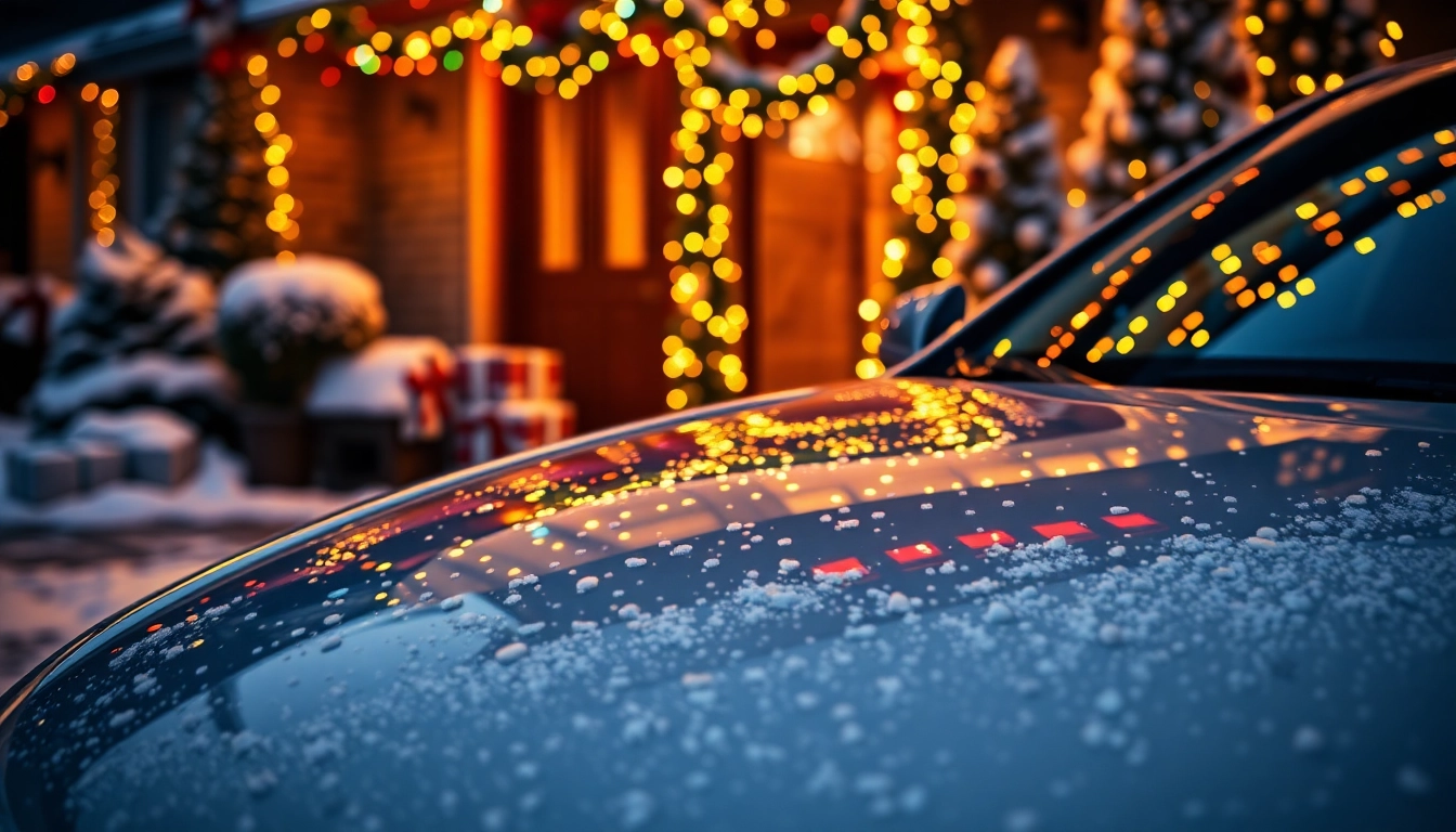 Presenting a Christmas car detailing gift, a gleaming car in a festive driveway.