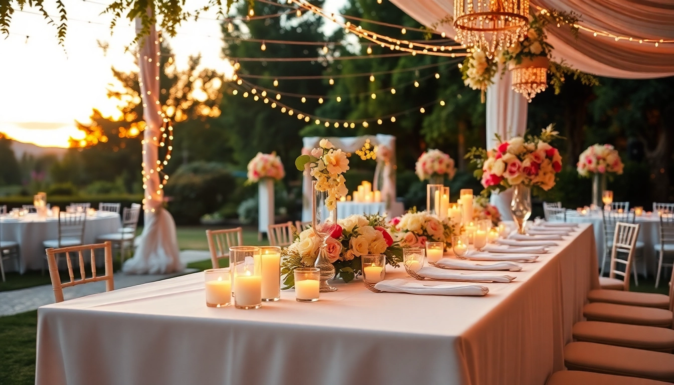 Stunning wedding & event rentals display with elegant decor, lush greenery, and romantic lighting.