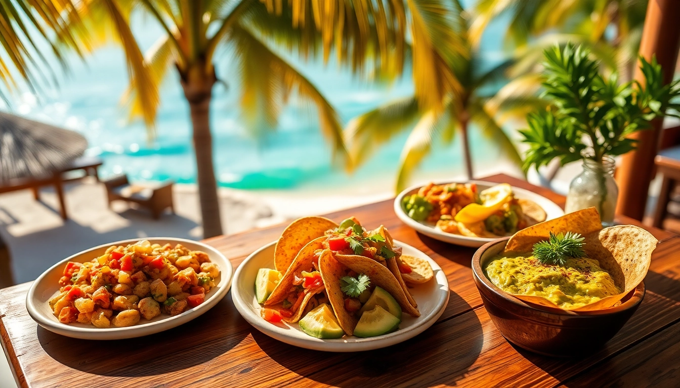 Cabo food recommendations featuring colorful local dishes like ceviche and tacos on a rustic table.