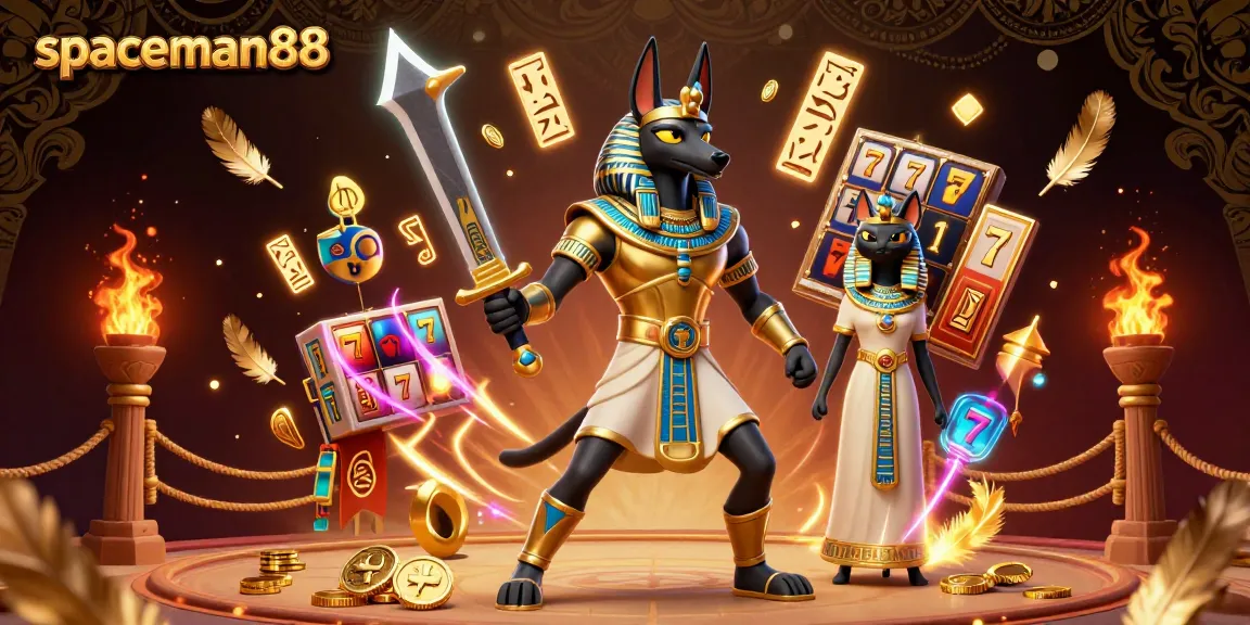 Engage in dynamic gameplay with spaceman88 in a vibrant slot setting featuring Anubis and Bastet.