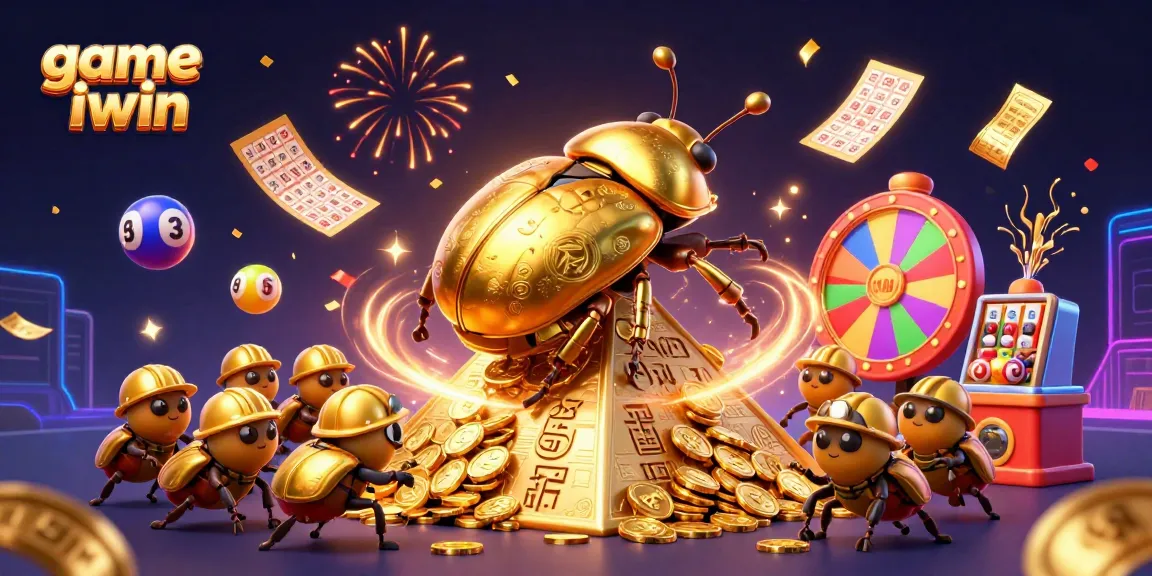 Experience game iwin with a vibrant 3D illustration of a golden dung beetle and dynamic game elements.