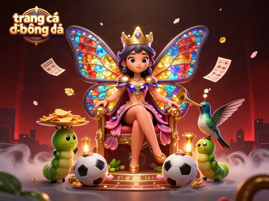 trang cá đọ bóng đá với quang cảnh sôi động và tối tăm, bao gồm bóng thể thao, cúp, và phiếu cược