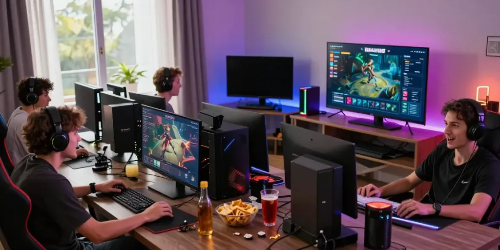 Engaged gamers playing ROKOK88 alternatif in a vibrant living room setting, capturing excitement and focus.
