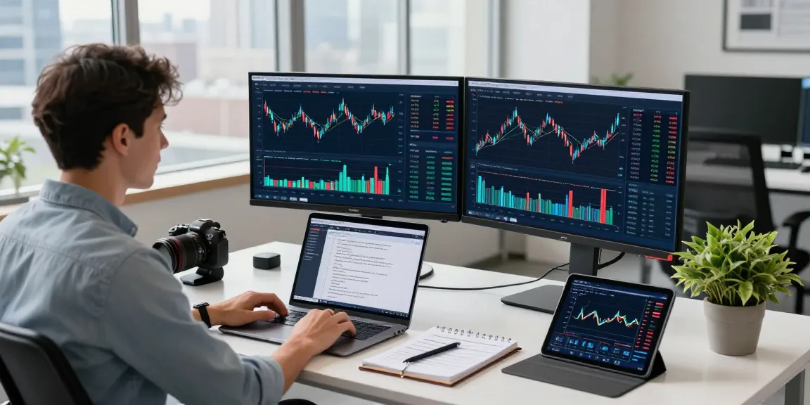 Developer analyzing Nasdaq index data feed in a modern workspace, showcasing financial software and productivity.