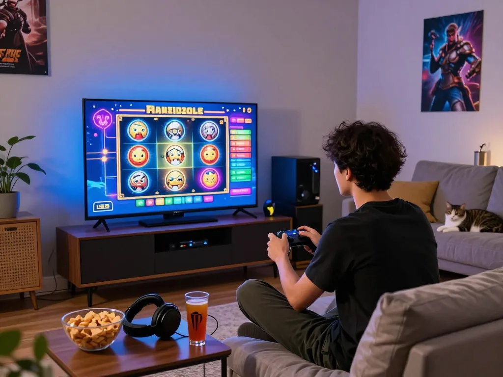 Engaging gaming moment with link gacor displayed on screen in a vibrant living room setting.