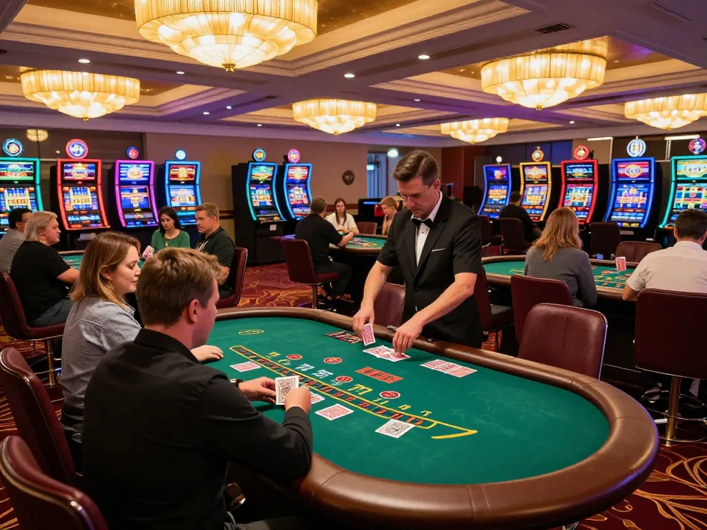 Casino senza registrazione action-packed scene with players engaged at blackjack tables, showcasing thrilling gameplay and vibrant casino atmosphere.