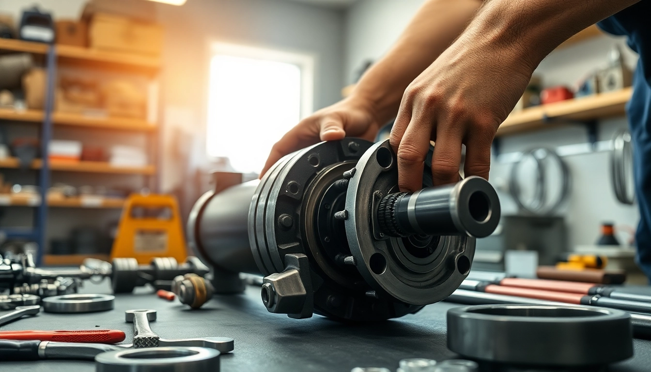 Technician performing hydraulic cylinder repair in a professional workshop, showcasing expertise and tools.