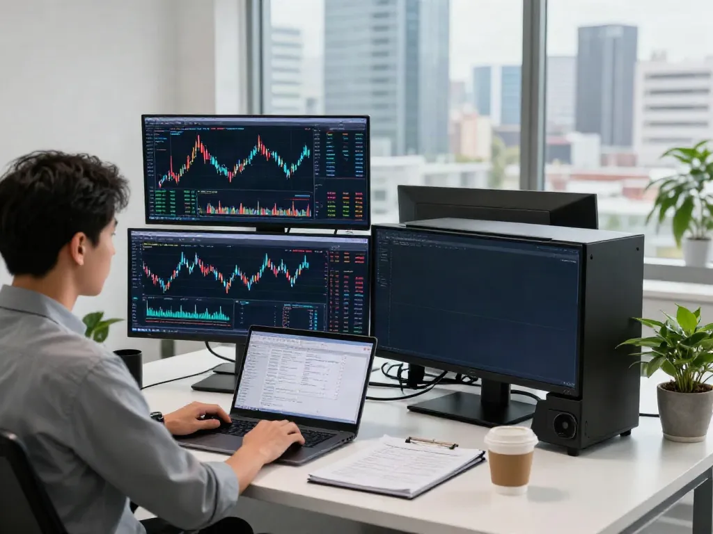 Trader using MetaTrader 5 at a high-tech financial office, analyzing market data and charts.