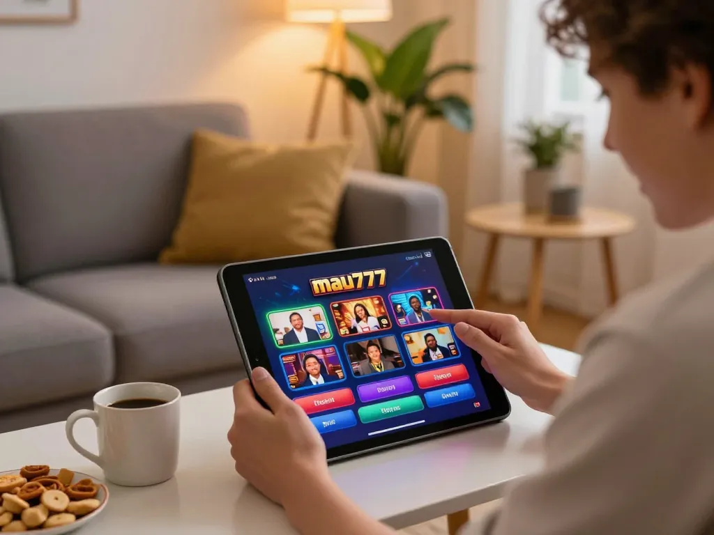 Sesi menarik di aplikasi kasino online mau777 dengan seorang pengguna menikmati permainan di tablet dalam suasana yang nyaman