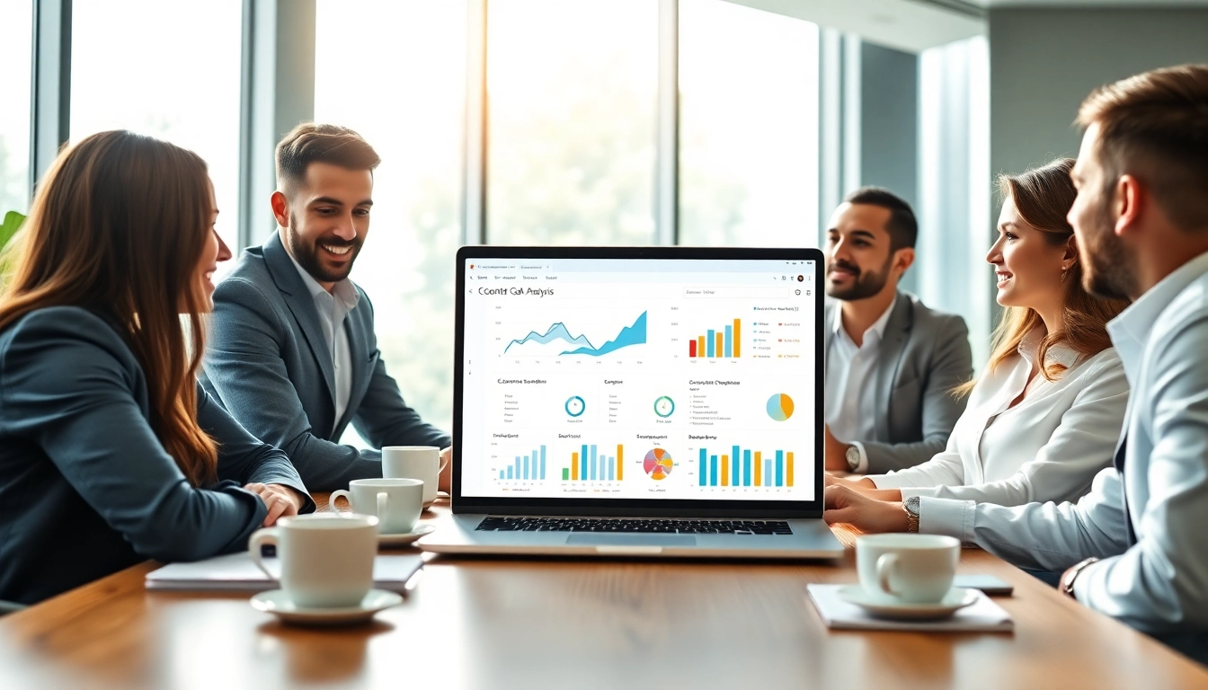 Conducting a Content Gap Analysis in a professional business setting with a diverse team.