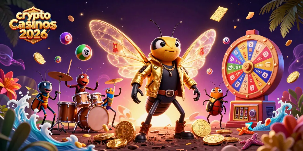 Illustration 3D d'un star des casinos crypto 2026 avec des pièces Bitcoin et Ethereum en action.