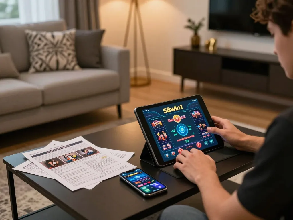 Player engaging with 58win1 on tablet in a warm, inviting home gaming setup