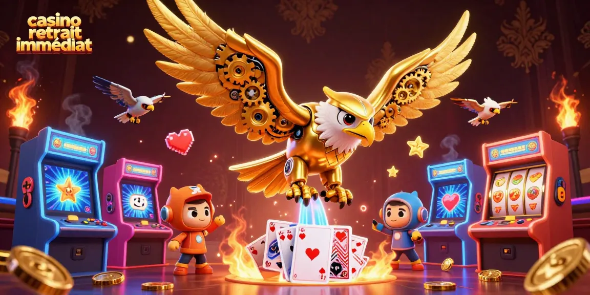 Gagnez avec casino retrait immédiat dans une scène dynamique remplie de machines à sous et de cartes holographiques.