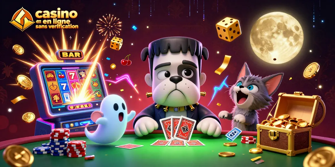 Jouez dans un casino en ligne sans vérification, avec un chien Frankenstein et un chat-loup parmi des machines à sous en folie.