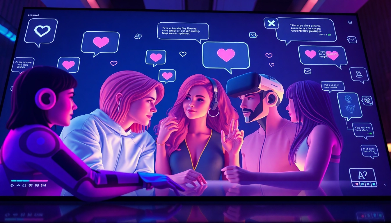 AI chat sex interface featuring diverse avatars in engaging conversations, showcasing emotional intimacy.