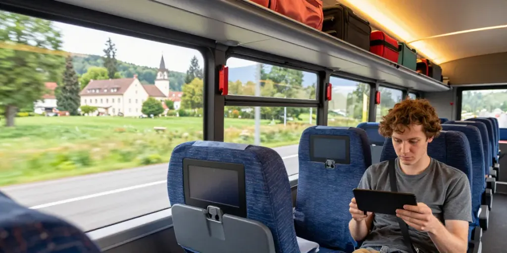 Pasager confortabil în autocarul Chișinău Europa, priveliște scenică pe fereastră.