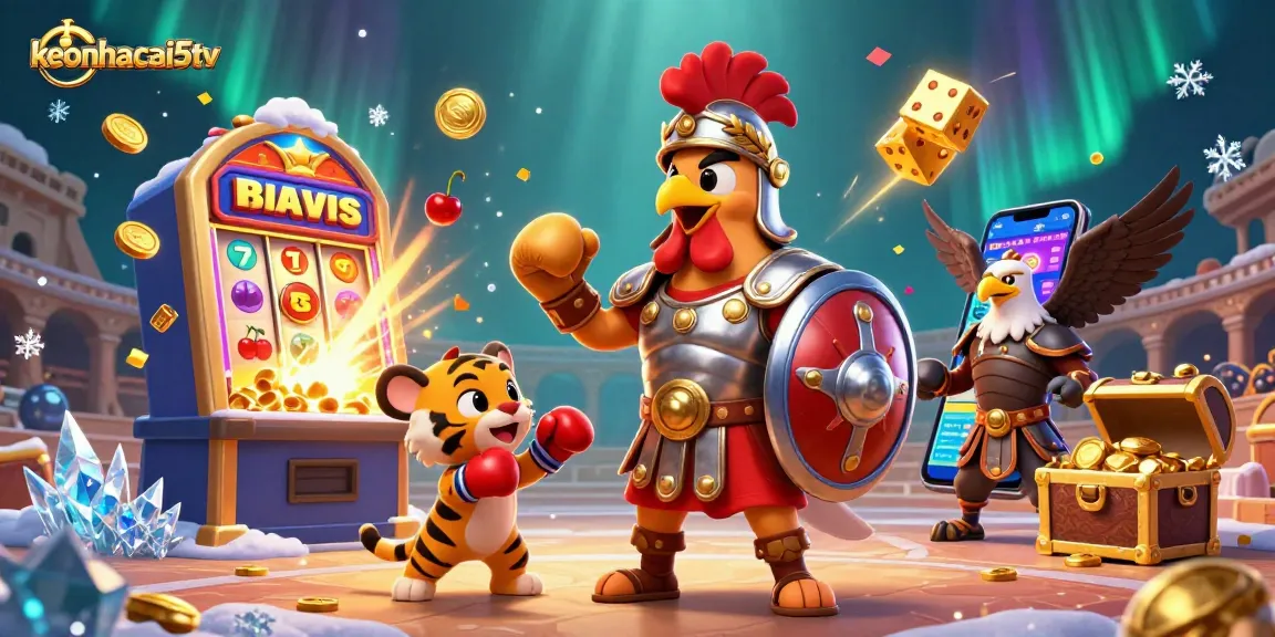 Engage with keonhacai5tv in an exciting casino scenario featuring a rooster and lucky symbols.