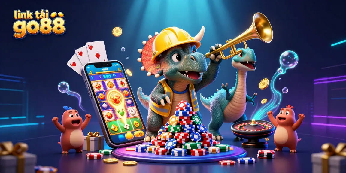 Join the fun with link tải go88, featuring a joyful triceratops and parasaurolophus in a vibrant casino scene.