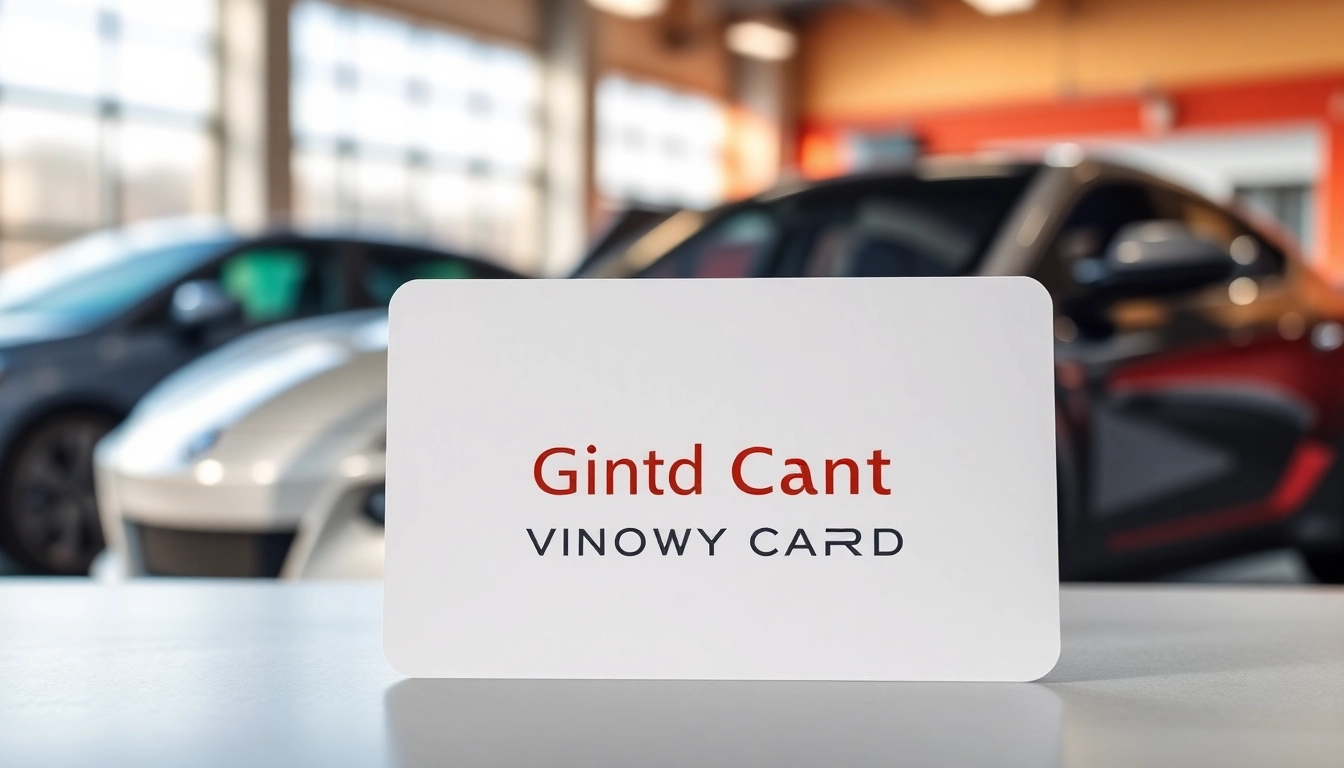 Offering a window tint gift card displayed in a modern automotive workshop with sleek cars.