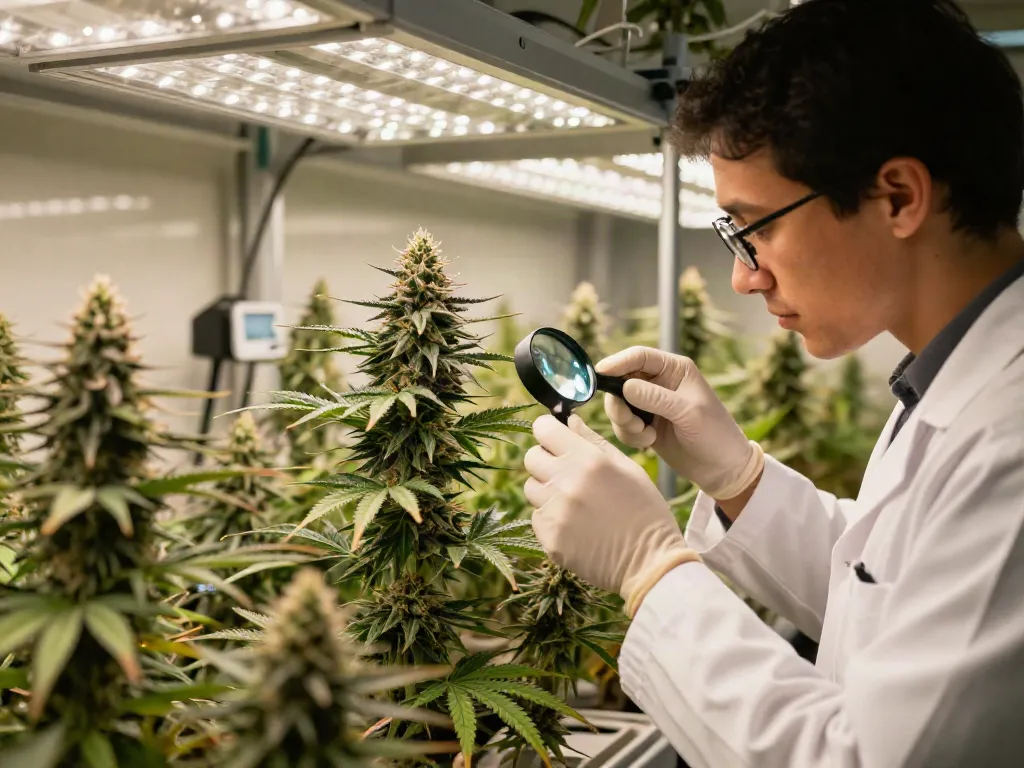 Alienlabs premium cannabis cultivation with dedicated grower inspecting flower quality.
