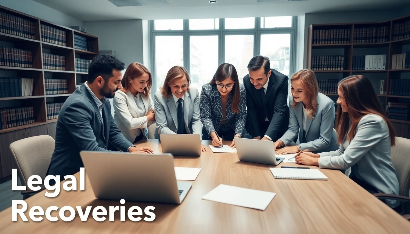 Legal Recoveries team discussing strategies in a modern office environment.