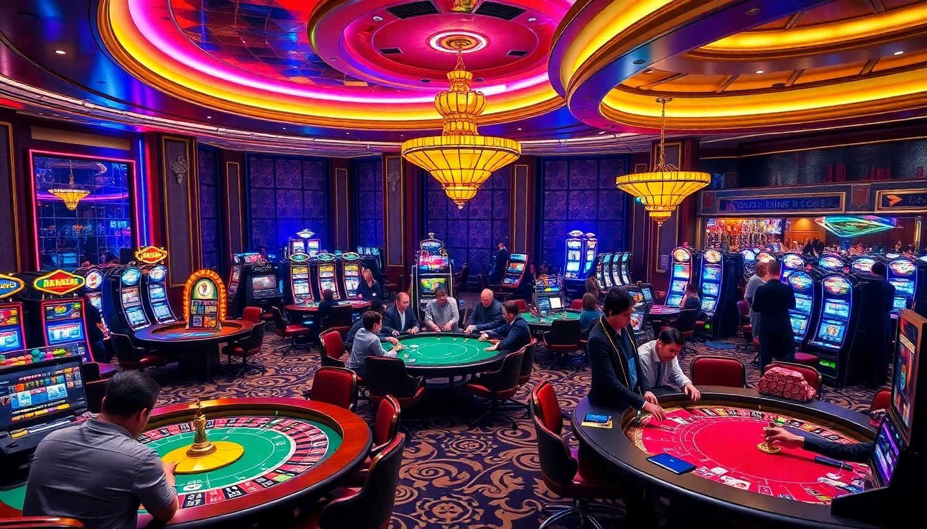 Exciting casino scene showcasing players at mm88 com roulette tables and slot machines in a luxurious setting.